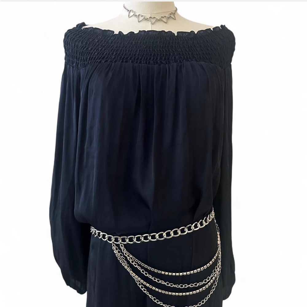 BCBGMAXAZRIA Off-Shoulder Navy Blue Dress